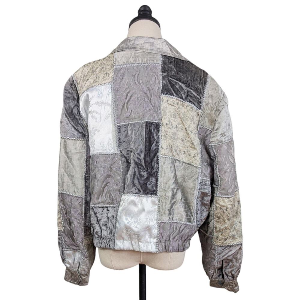 Y2K Patchwork Velvet Jacket XS Gray Silver Lace 90s Eclectic Artsy Whimsigoth - Picture 3 of 16